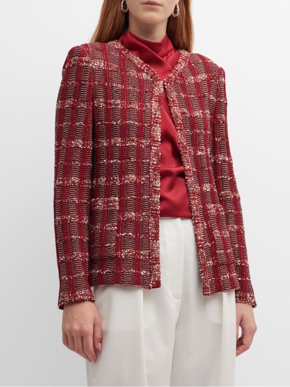 Misook Red Eyelash Tweed Plaid Knit Jacket